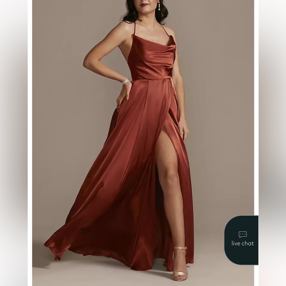 Charmeuse Cinnamon Cowl Dress with Lace-Up Back
STYLE# GS290035